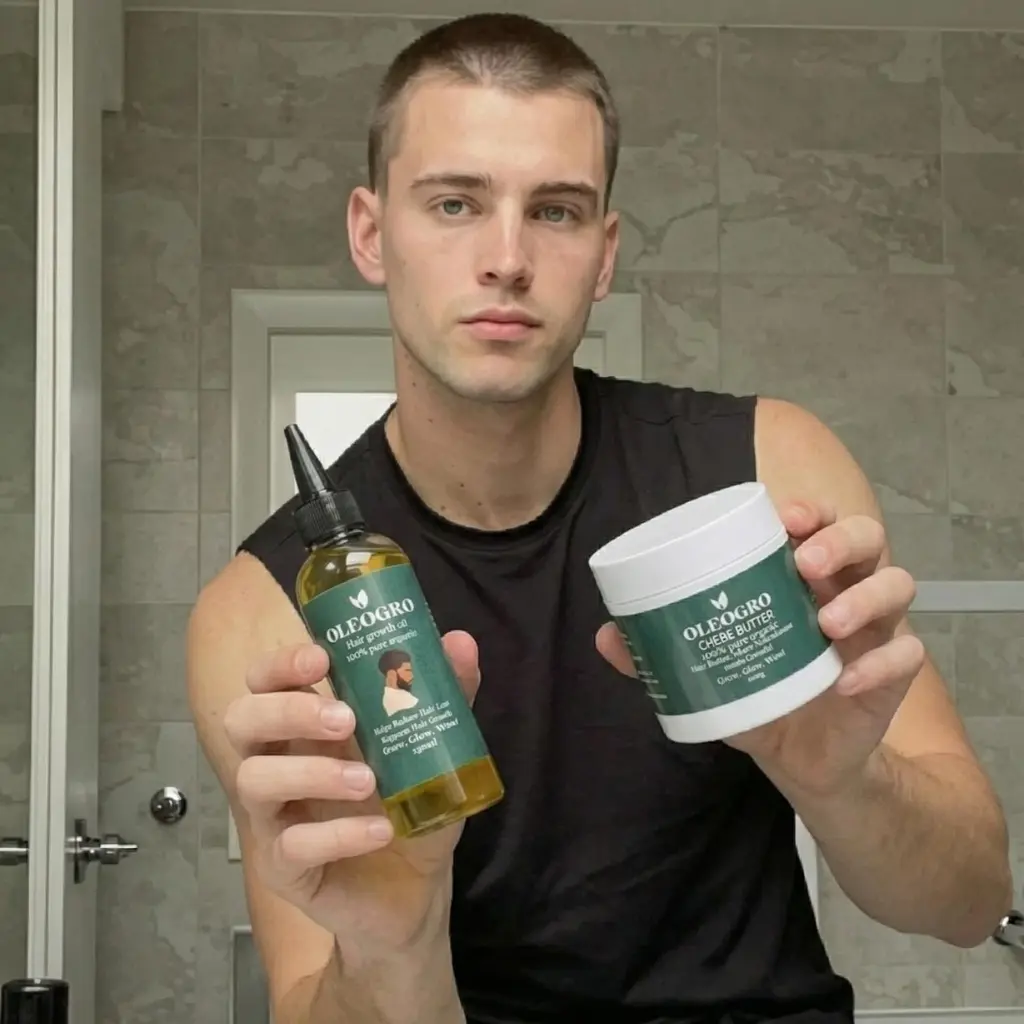 Man holding Oleogro hair growth oil and chebe butter duo
