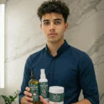 an holding Oleogro men hair growth set with oil, Magic Water and Chebe Butter