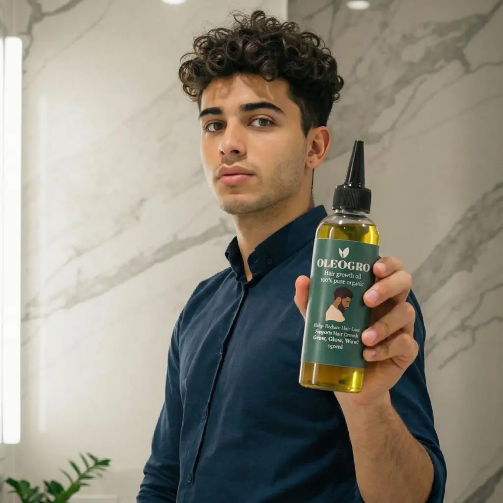 Man holding Oleogro hair growth oil