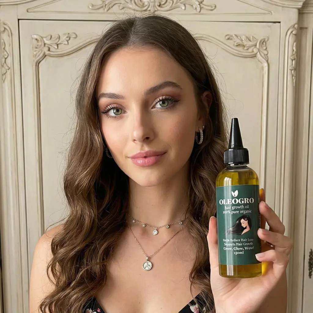 Woman holding Oleogro women hair growth oil