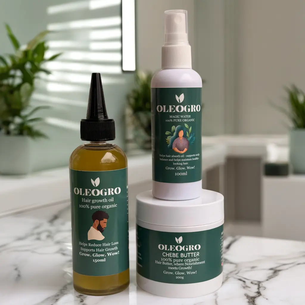 Oleogro men hair growth set with Hair Growth Oil, Magic Water and Chebe Butter
