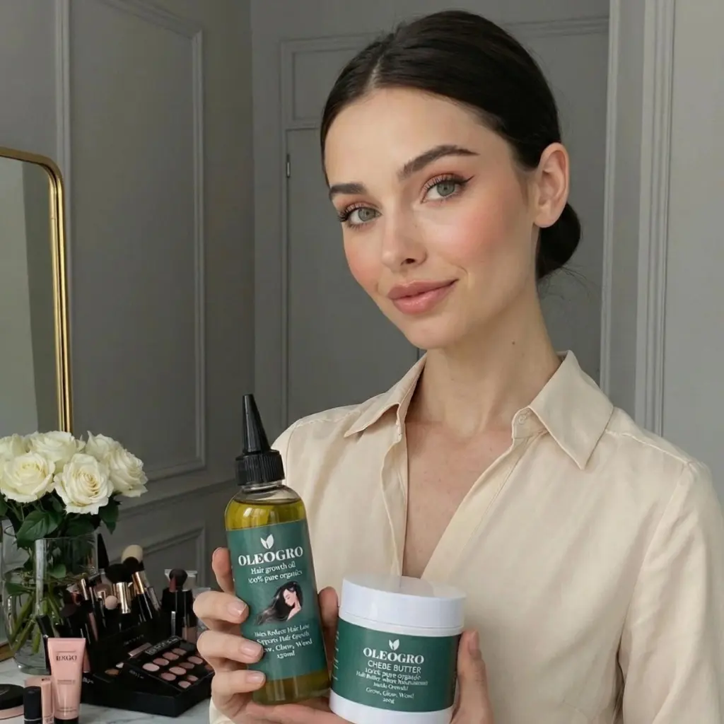 Woman holding Oleogro hair growth oil and chebe butter