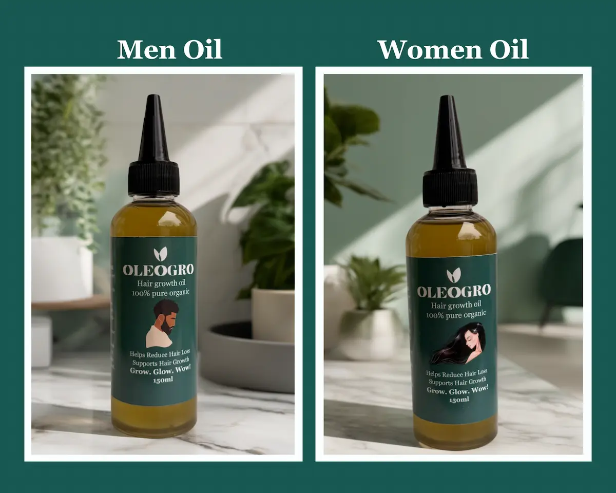 Usage guide image with two Oleogro hair growth oil images for men and women