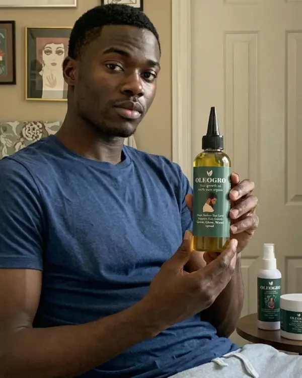 Man holding Oleogro men hair growth oil with other Oleogro products on the table