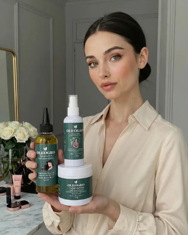 Woman holding Oleogro women complete hair growth set