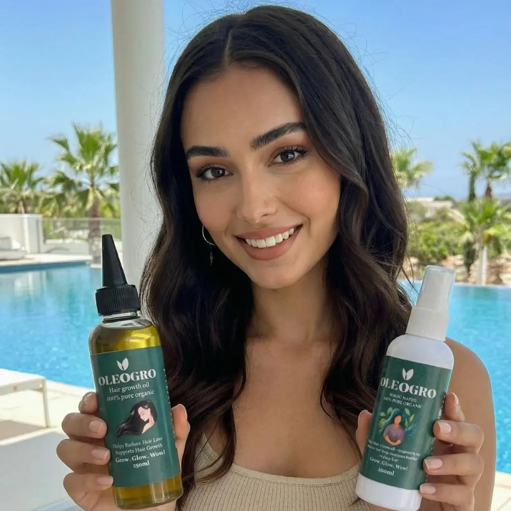 Woman holding Oleogro women hair growth oil and Magic Water duo