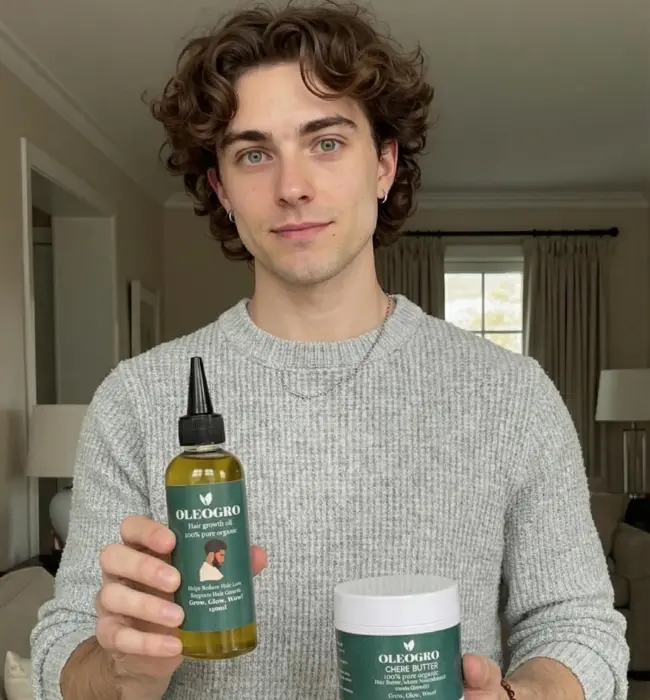 Man holding Oleogro hair growth oil and chebe butter