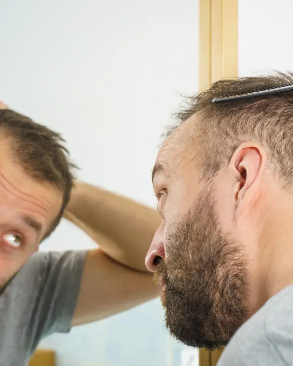 Man checking crown area for signs of hair loss